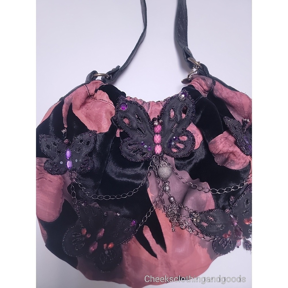 Vintage Mary Frances Beaded Black Crushed Velvet Butterfly Shoulder Bag‎ Boho